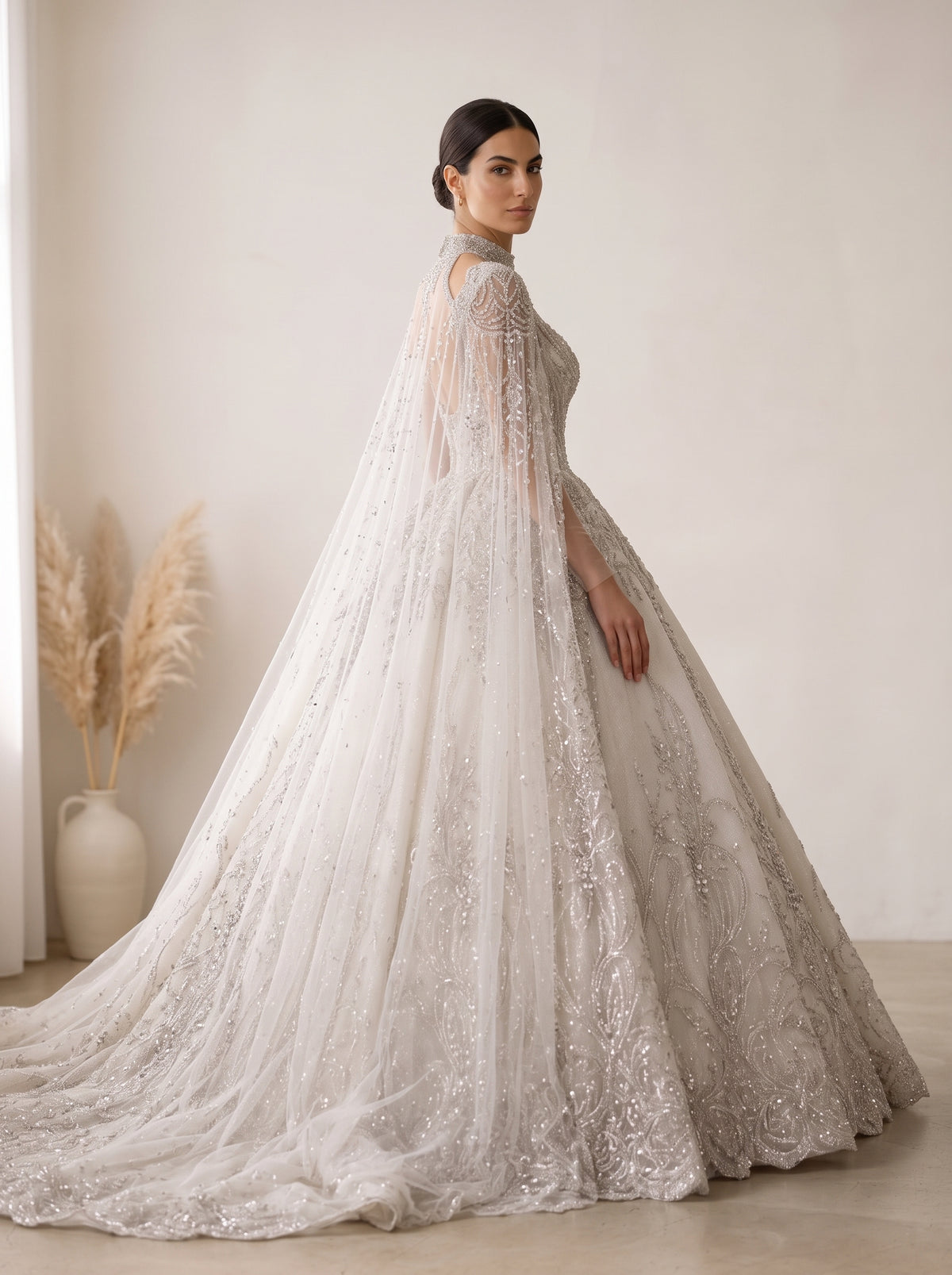 Charlotte ball gown wedding dress back view featuring illusion lace and cathedral train by Fiore's Bridal - Back View