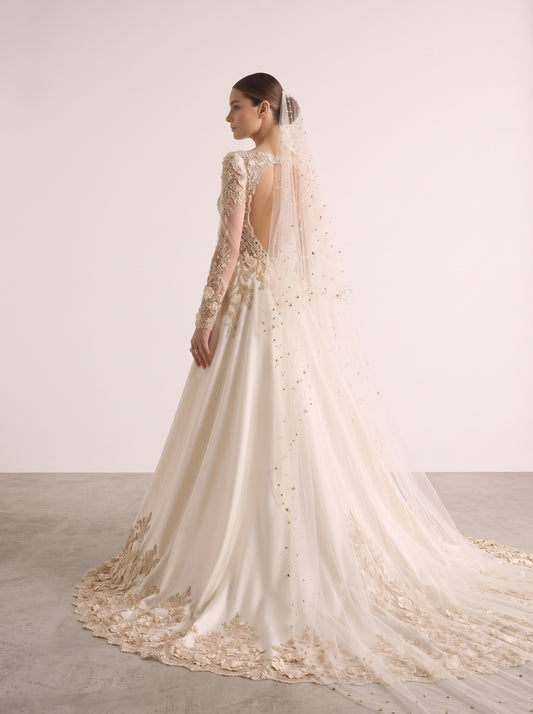 Fiores Dahlia sheath wedding dress, back view