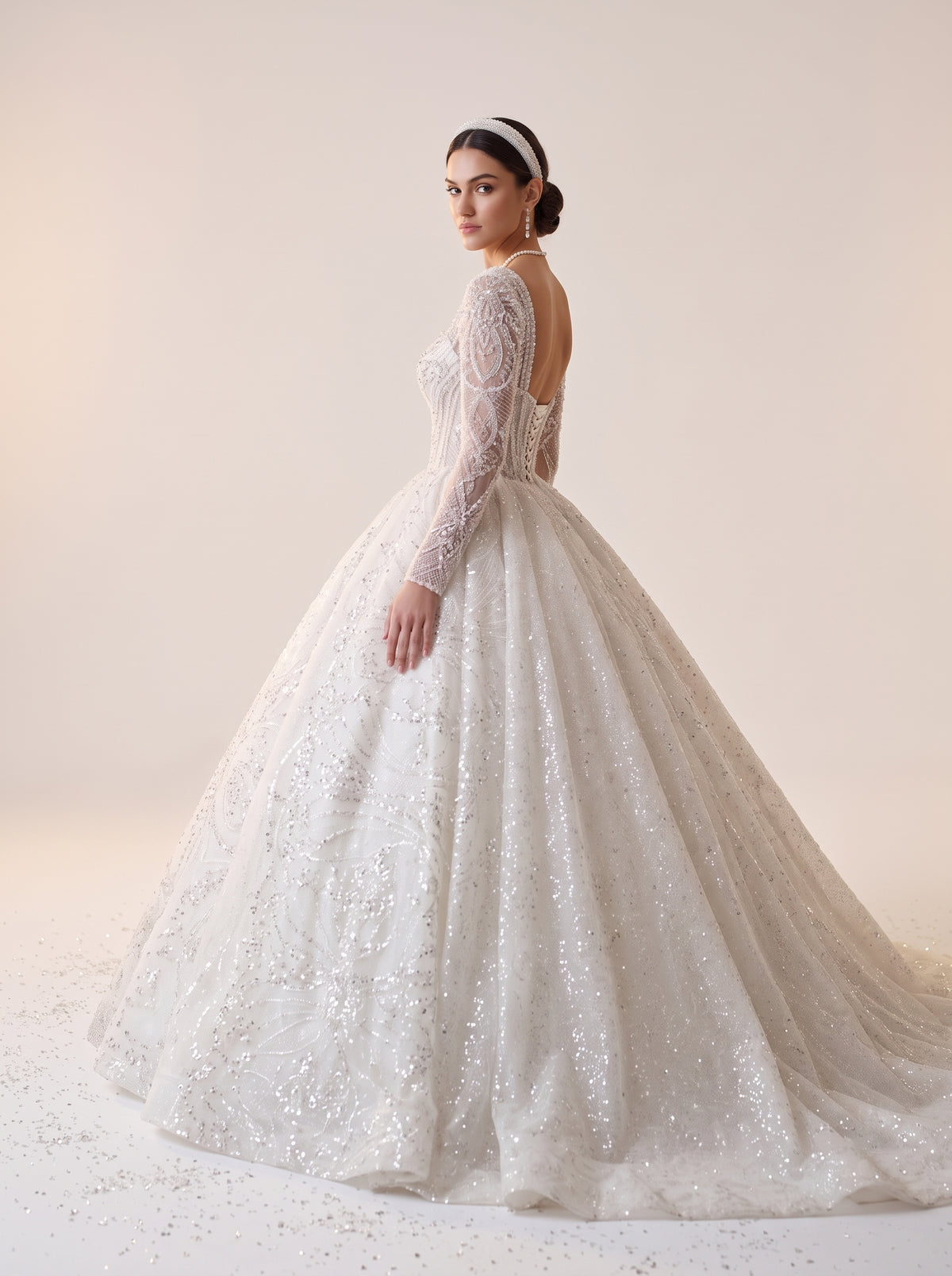 Josephine ball gown wedding dress back view featuring cathedral train by Fiore's Bridal - Back View