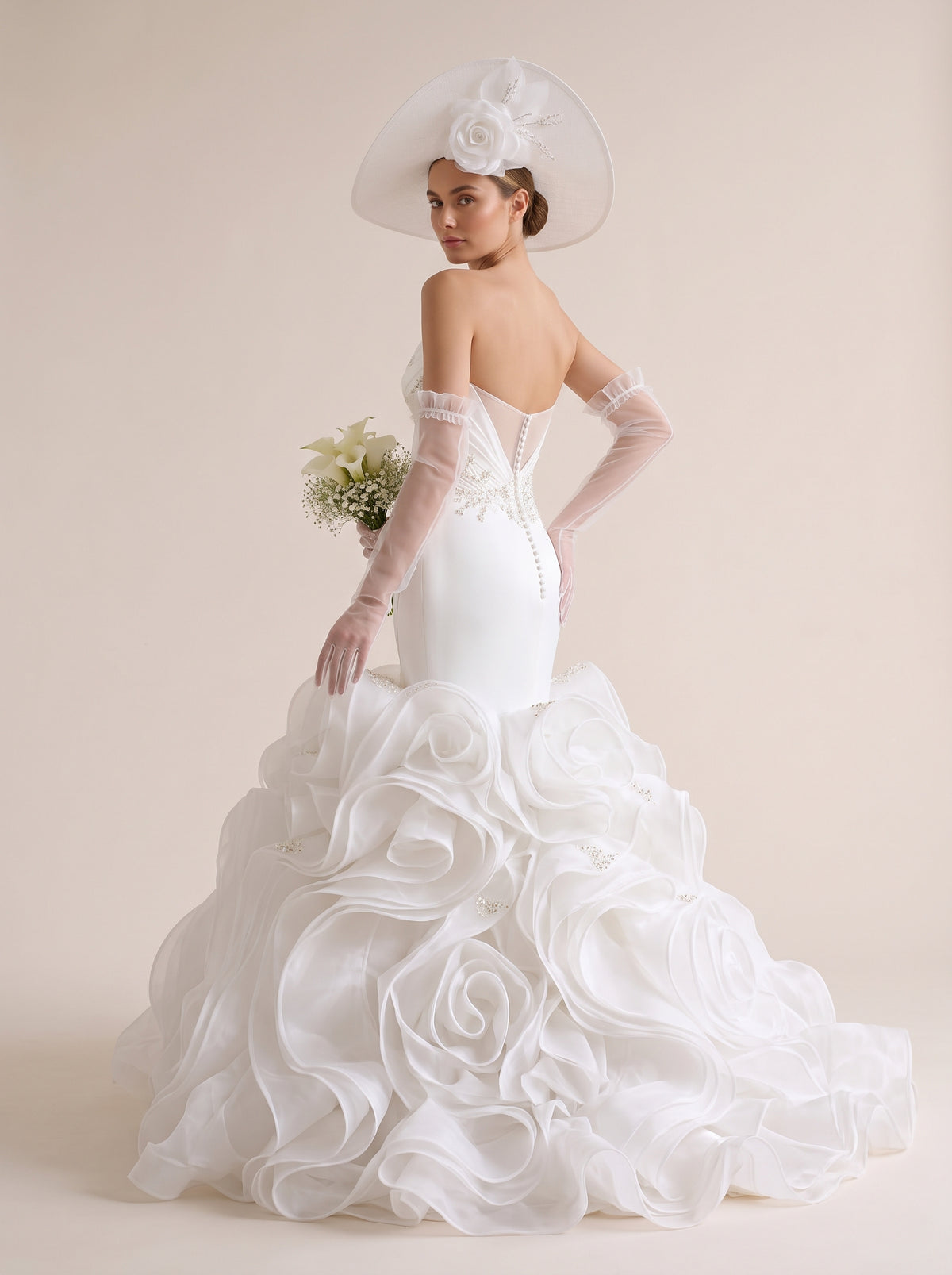 Fiores Rosabel mermaid wedding dress, back view with gloves