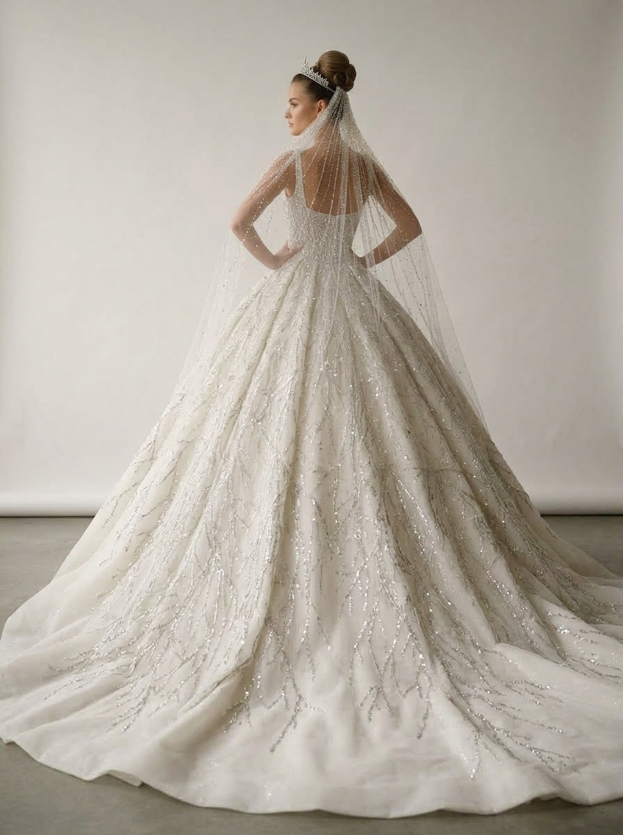 Seraphina off-the-shoulder mikado silk A-line wedding dress by Fiore's Bridal, featuring an exquisite row of hand-covered buttons along the spine and a majestic cathedral-length train - Back View