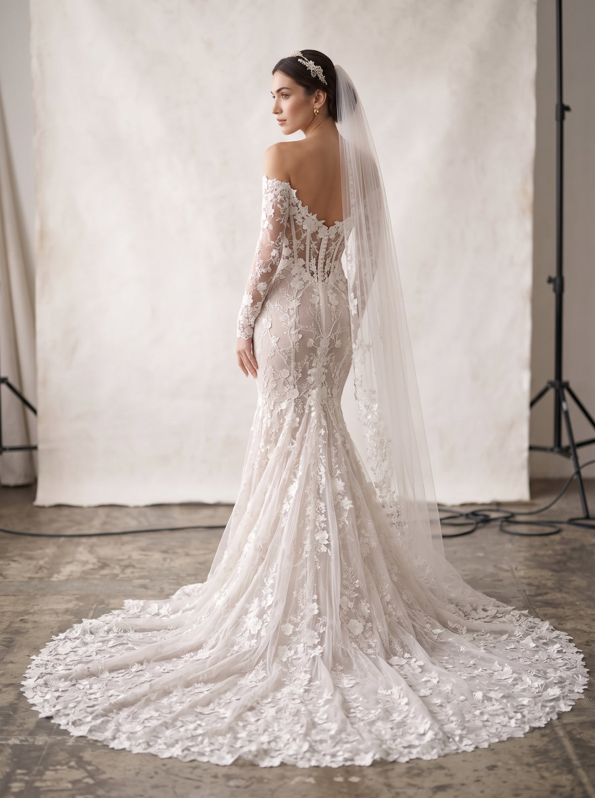 Aditi siren mermaid wedding dress back view featuring chapel train by Fiore's Bridal - Back View