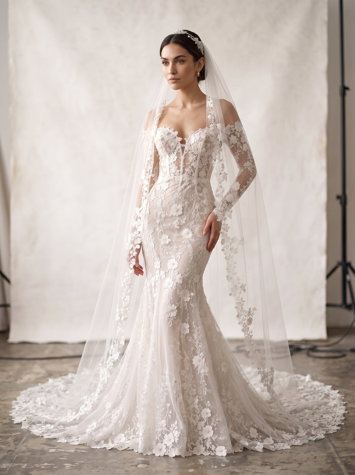 Aditi 3D botanical floral organza mermaid wedding dress by Fiore's Bridal - Front View