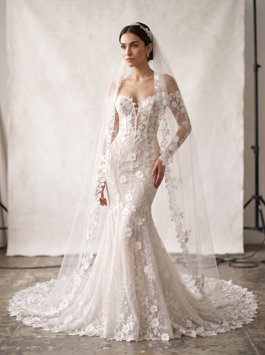 Aditi 3D botanical floral organza mermaid wedding dress by Fiore's Bridal - Front View