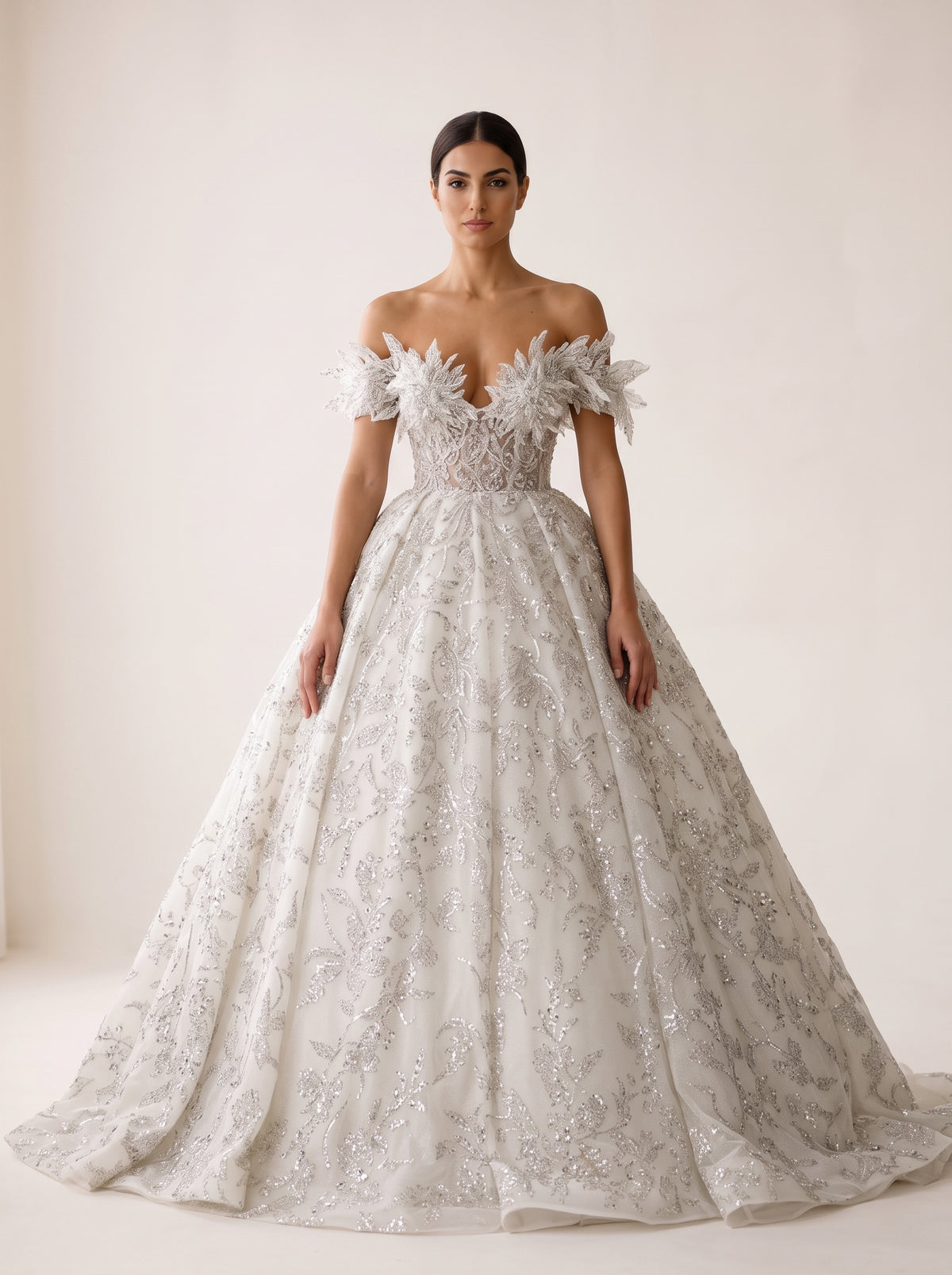 Anastasia 3D floral embellished royal ball gown wedding dress by Fiore's Bridal - Front View