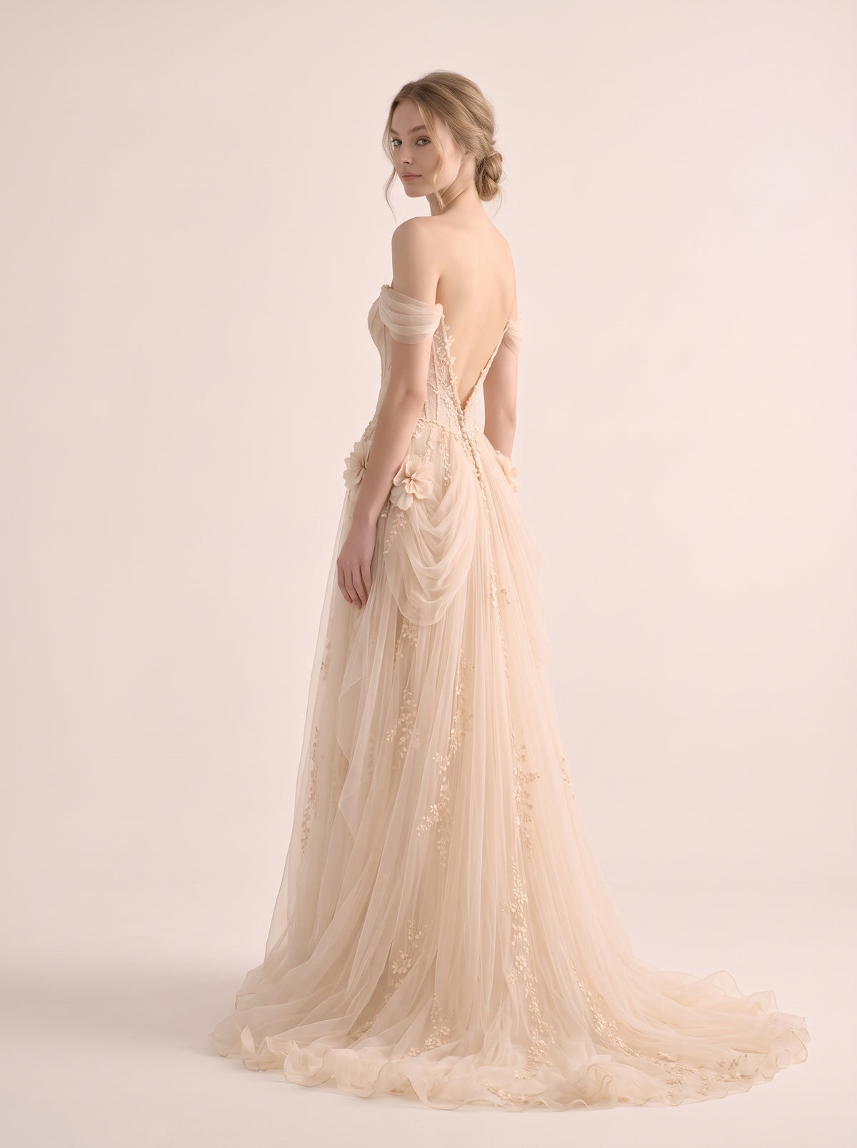 Aria Helen wedding dress back view featuring fluid chapel train by Fiore's Bridal - Back View