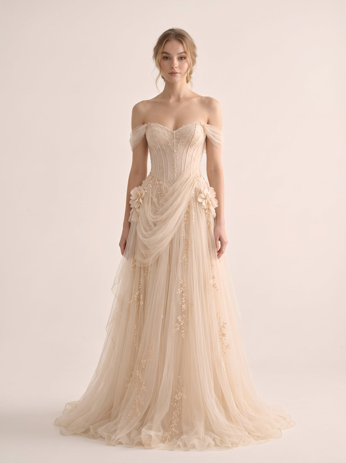 Aria 3D botanical floral organza Helen A-line beach wedding dress by Fiore's Bridal - Front View