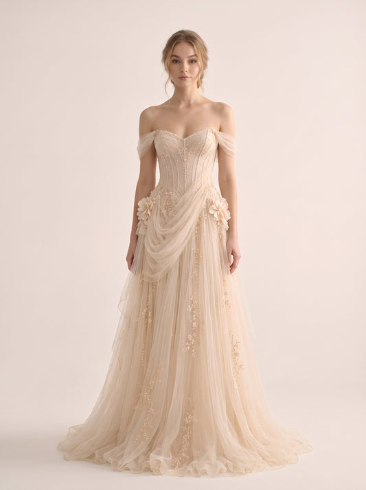 Aria 3D botanical floral organza Helen A-line beach wedding dress by Fiore's Bridal - Front View