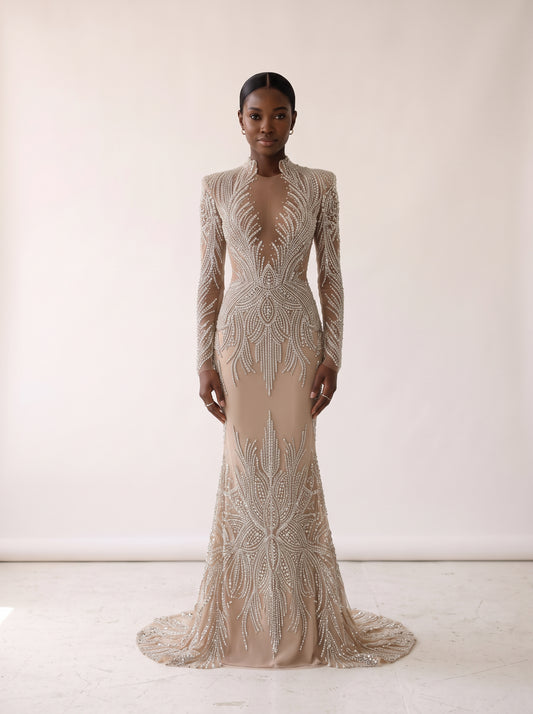 Fiores Athena sheath wedding dress, front view