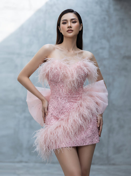 Bijou pink sequin feather bow mini dress by Fiore's Bridal - Front View