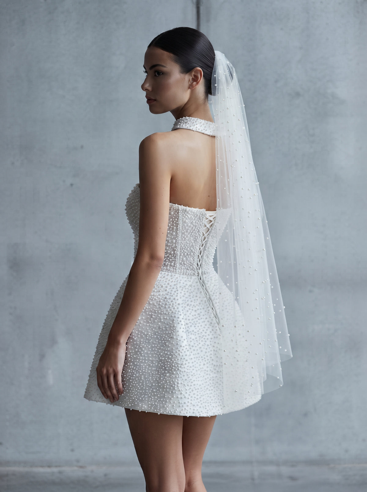 Blanche ivory pearl sequin strapless mini dress by Fiore's Bridal - Back View
