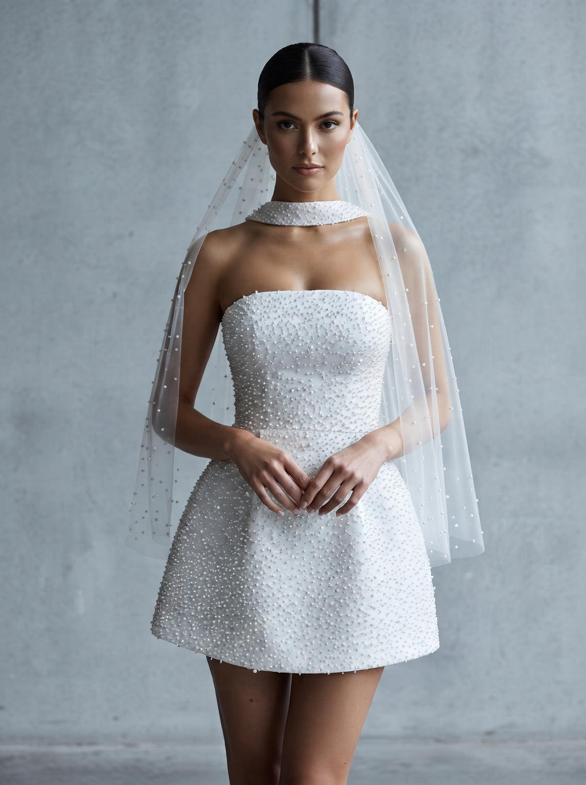 Blanche ivory pearl sequin strapless mini dress by Fiore's Bridal - Front View