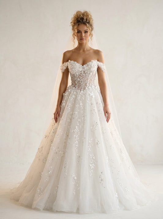 Calista 3D botanical floral organza Helen A-line beach wedding dress by Fiore's Bridal - Front View