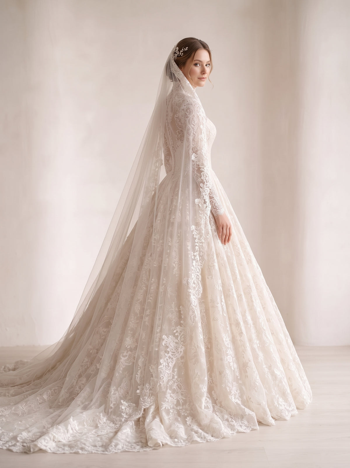 Calypso A-line trumpet wedding dress back view featuring chapel train by Fiore's Bridal - Back View