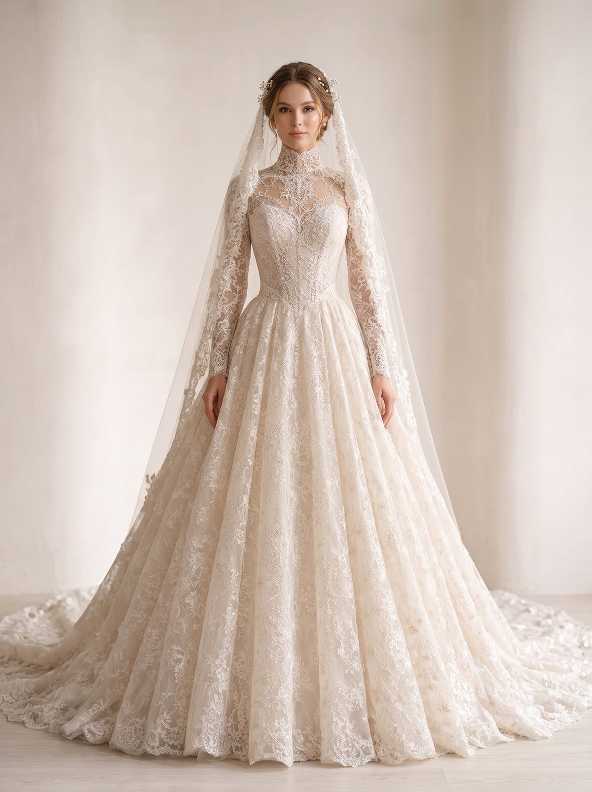 Calypso French lace and pearl A-line trumpet wedding dress by Fiore's Bridal - Front View