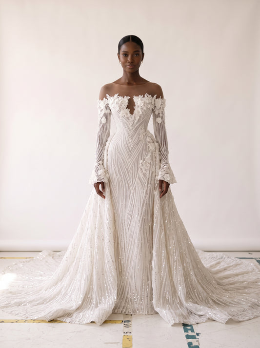Fiores Cassia sheath wedding dress, front view