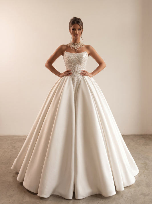 Celine sleeveless liquid satin ball gown wedding dress by Fiore's Bridal - Front View