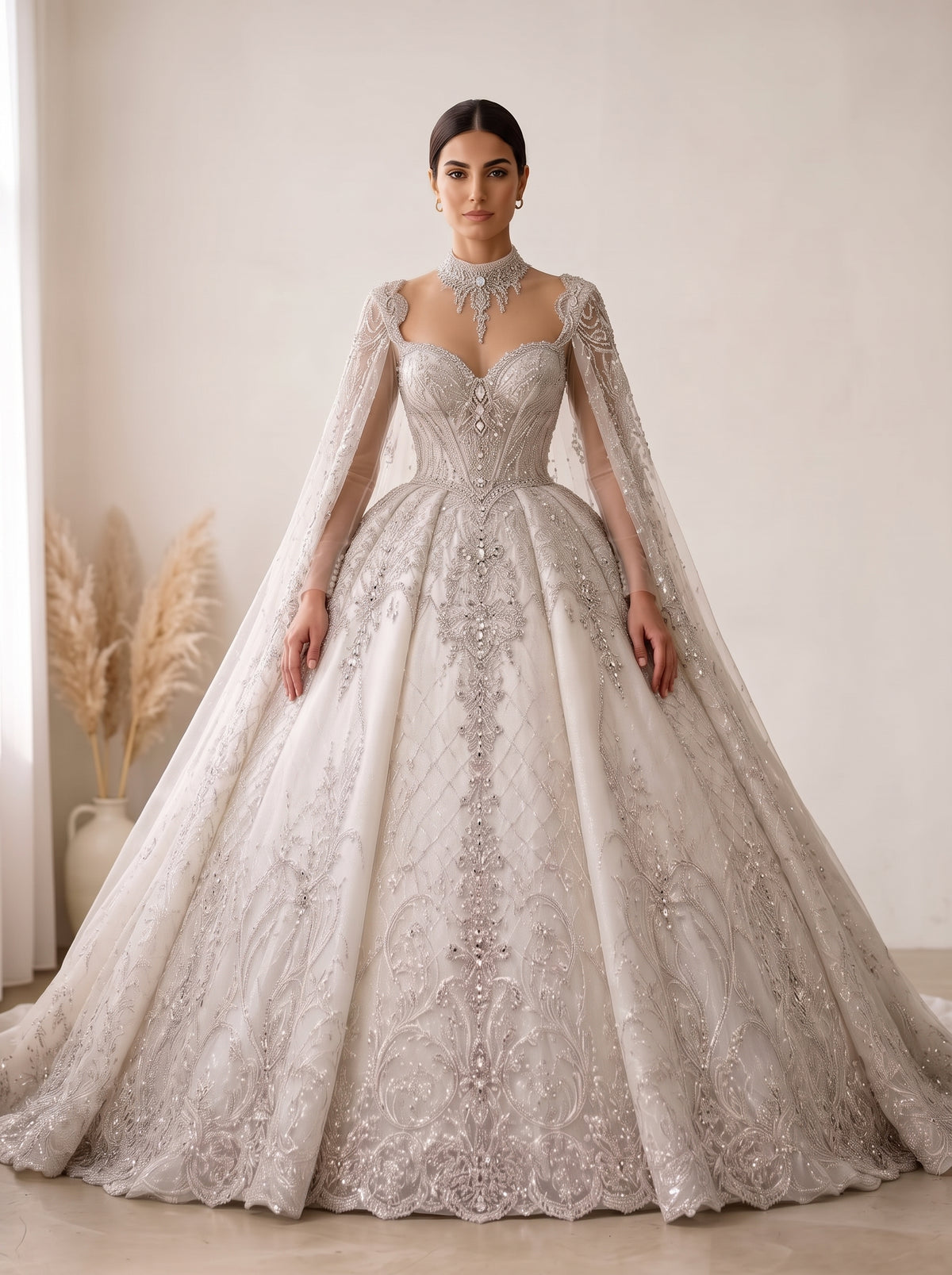 Charlotte long sleeve royal lace ball gown wedding dress by Fiore's Bridal - Front View