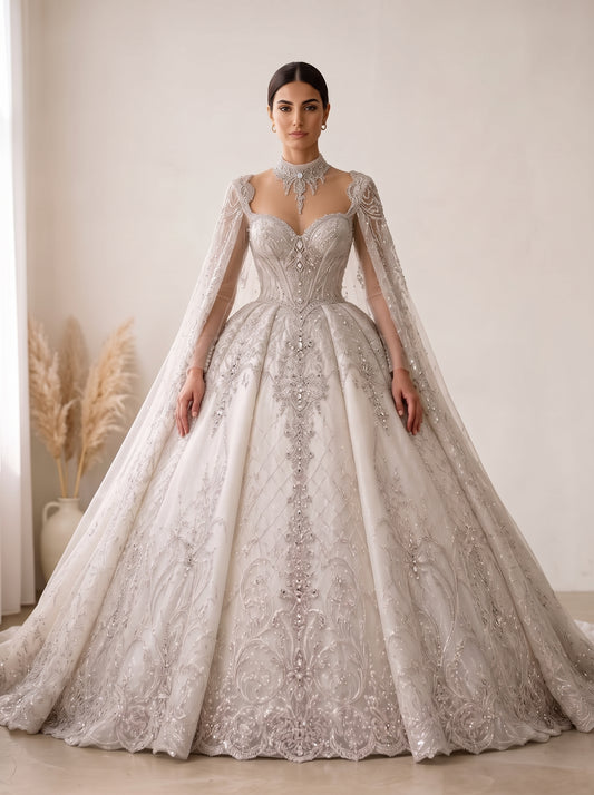 Charlotte long sleeve royal lace ball gown wedding dress by Fiore's Bridal - Front View