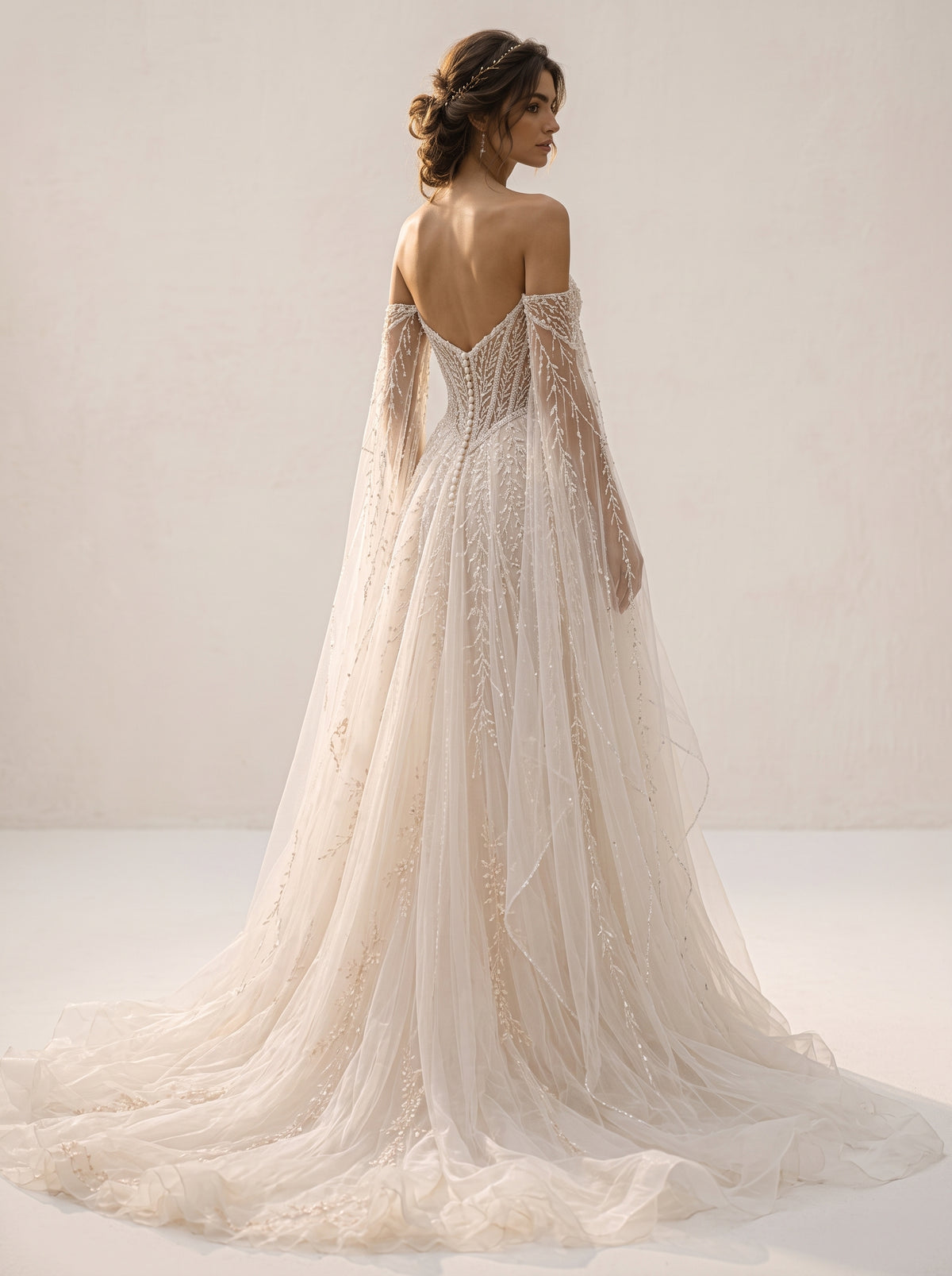 Chloe Helen wedding dress back view featuring fluid chapel train by Fiore's Bridal - Back View