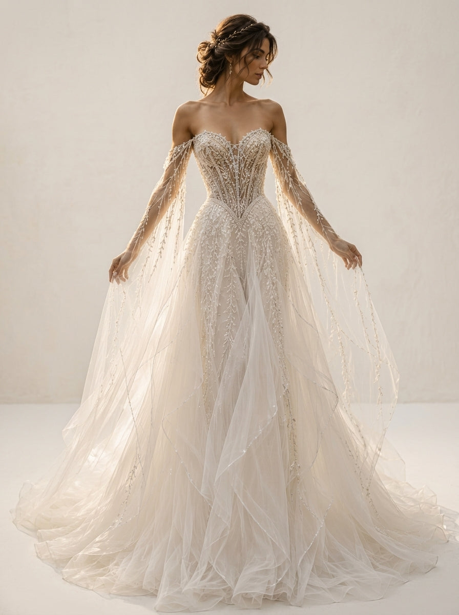 Chloe 3D botanical floral organza Helen A-line beach wedding dress by Fiore's Bridal - Front View