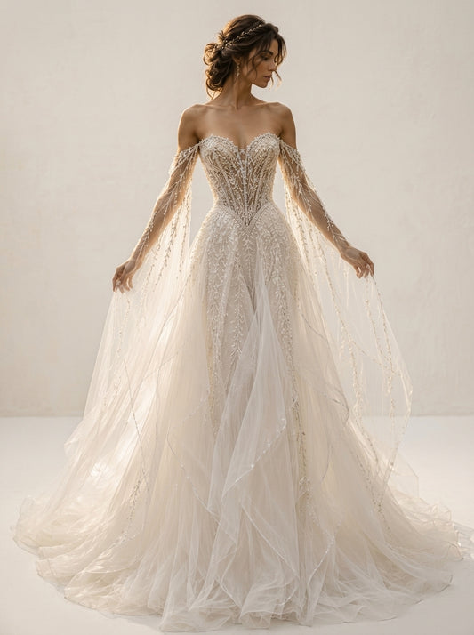 Chloe 3D botanical floral organza Helen A-line beach wedding dress by Fiore's Bridal - Front View