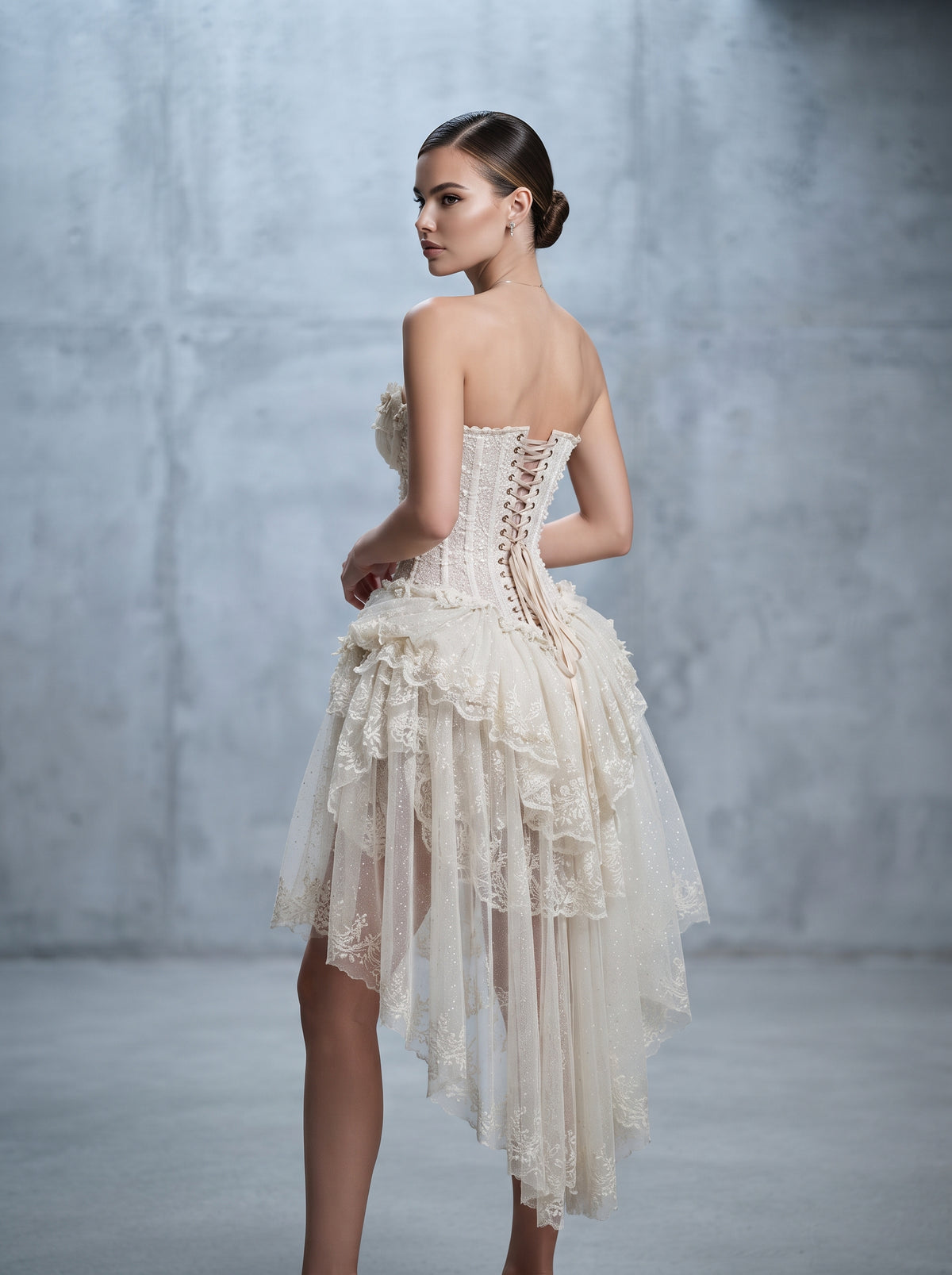 Colette ivory lace corset high-low ruffle dress by Fiore's Bridal - Back View