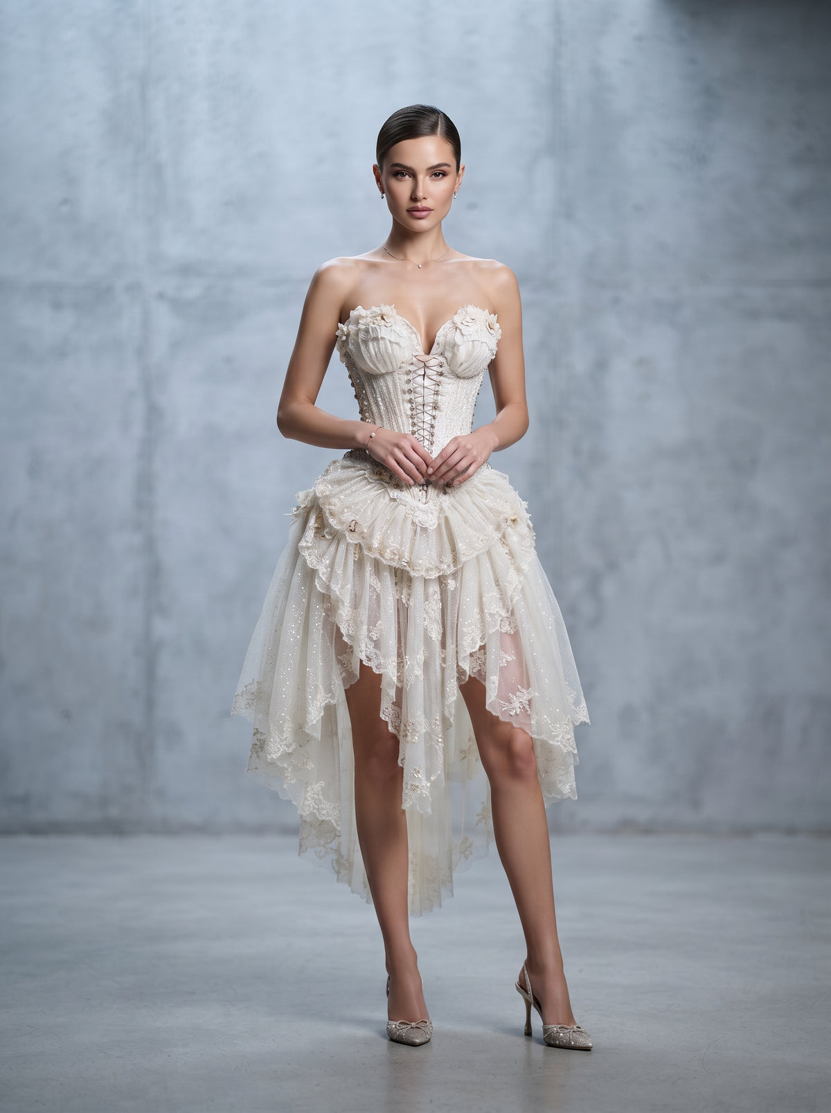 Colette ivory lace corset high-low ruffle dress by Fiore's Bridal - Front View