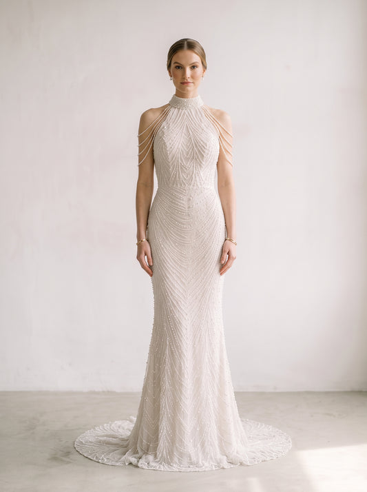 Elysia Frost crystal beaded column wedding dress by Fiore's Bridal - Front View