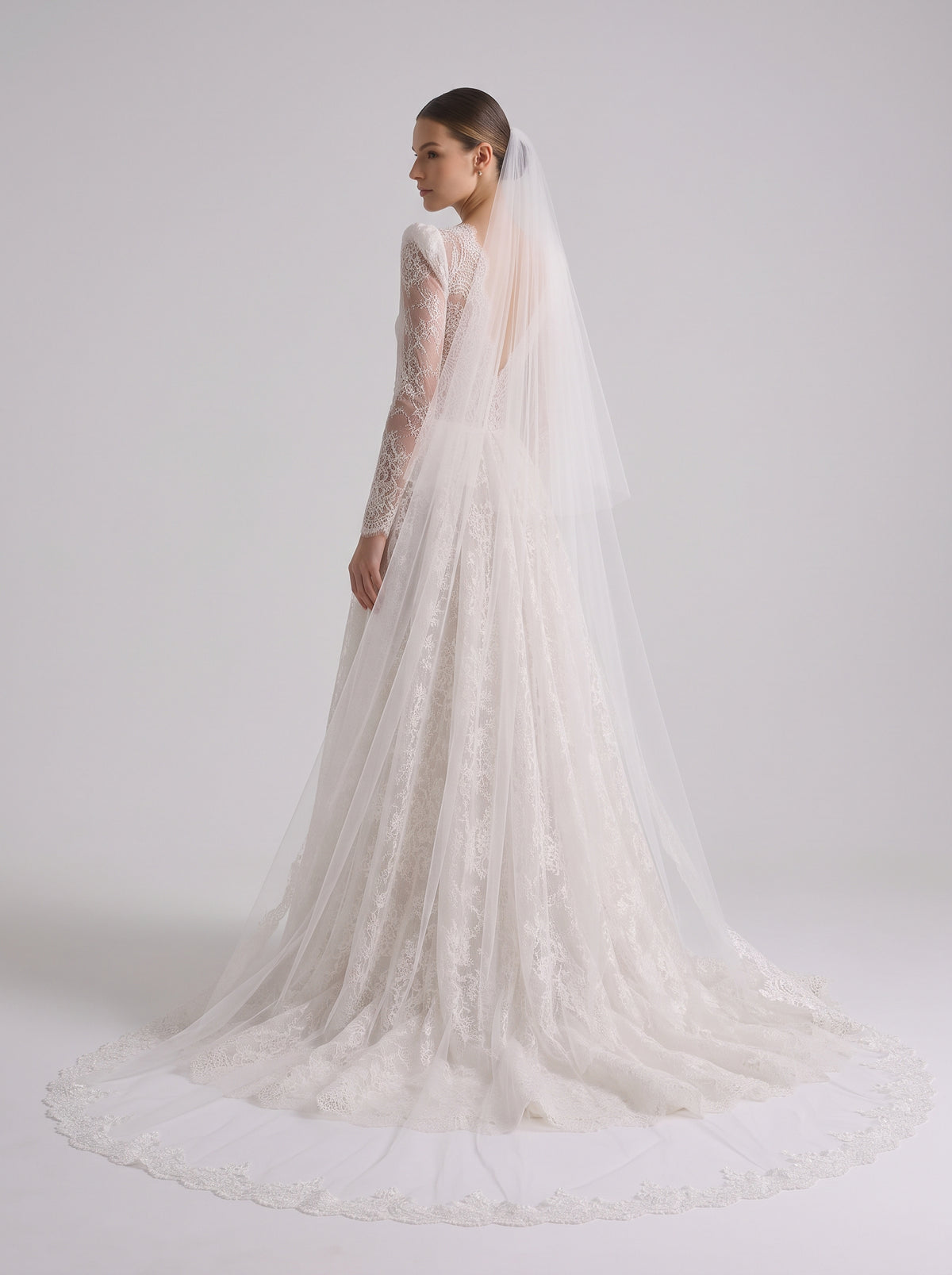 Fiores Evangeline A-line wedding dress, back view with veil