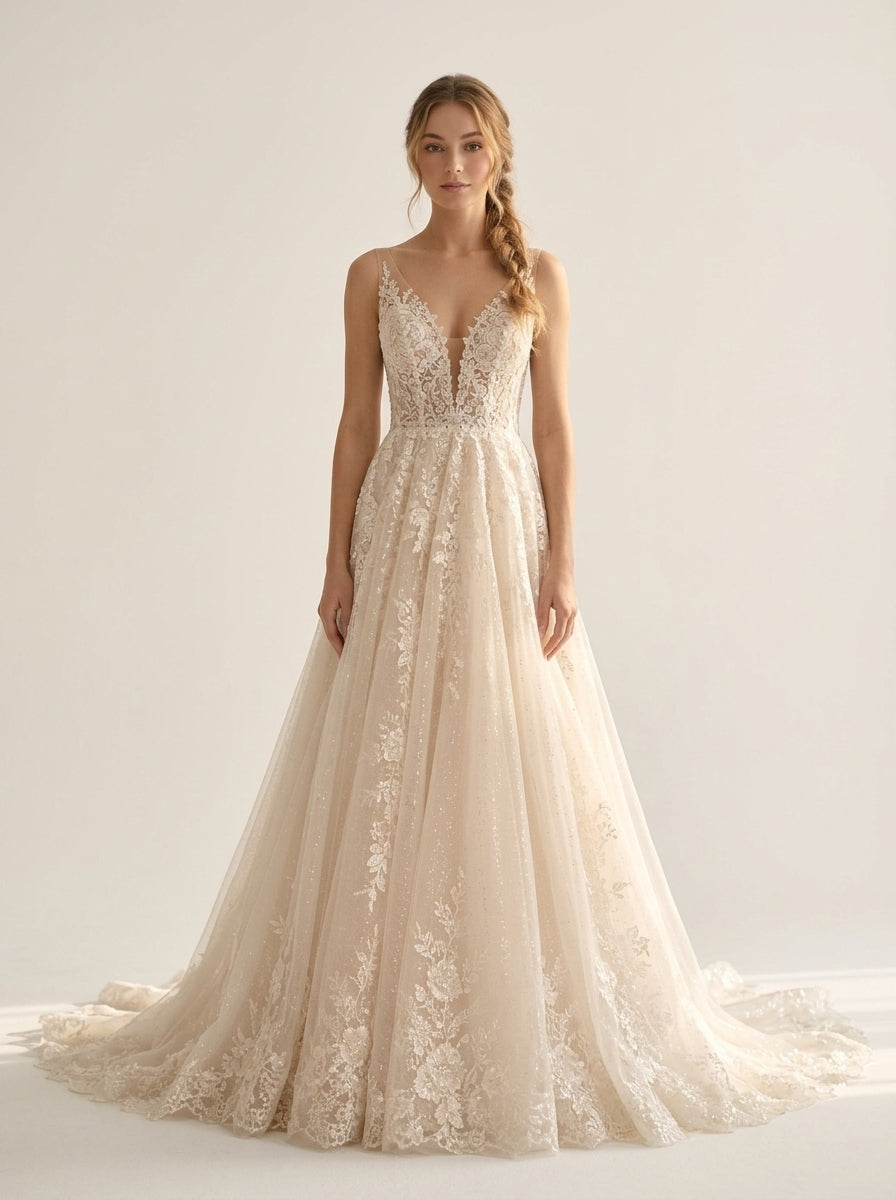 Fiorella botanical floral organza Helen A-line beach wedding dress by Fiore's Bridal - Front View