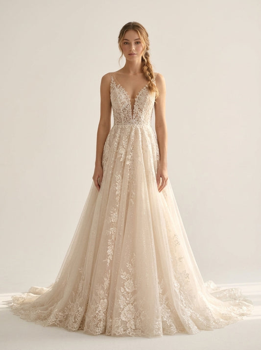 Fiorella botanical floral organza Helen A-line beach wedding dress by Fiore's Bridal - Front View