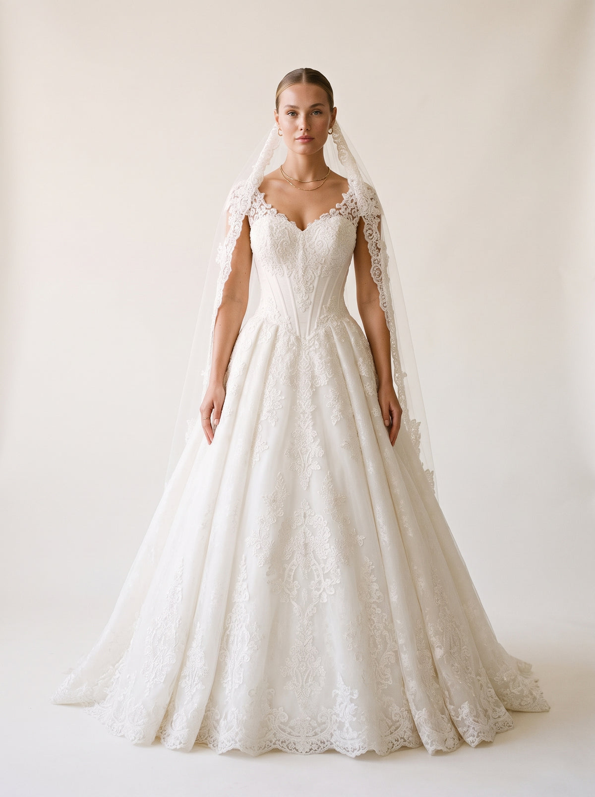 Flavia botanical floral organza A-line wedding dress by Fiore's Bridal - Front View