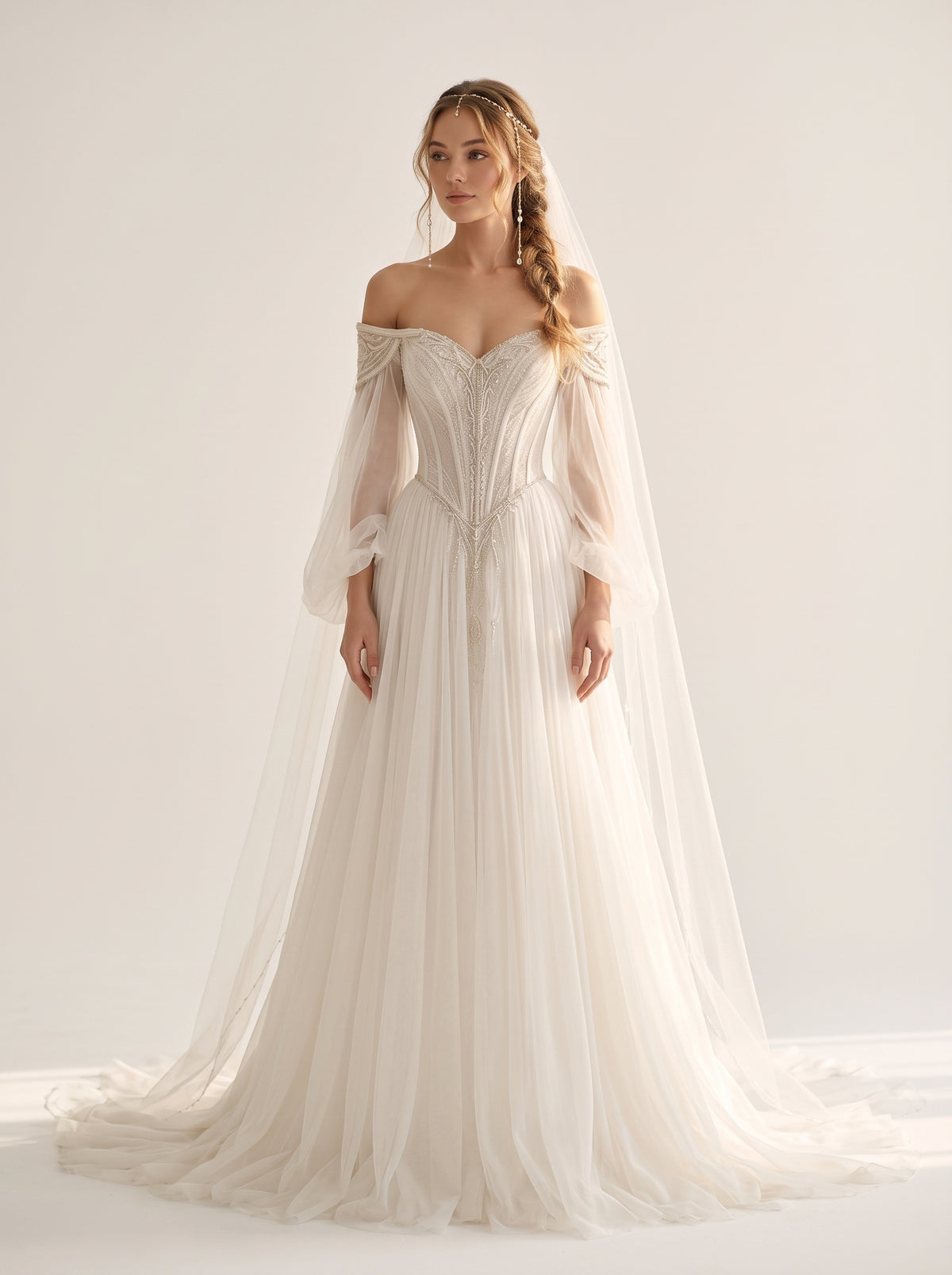Florenza floral embroidered Helen A-line beach wedding dress by Fiore's Bridal - Front View
