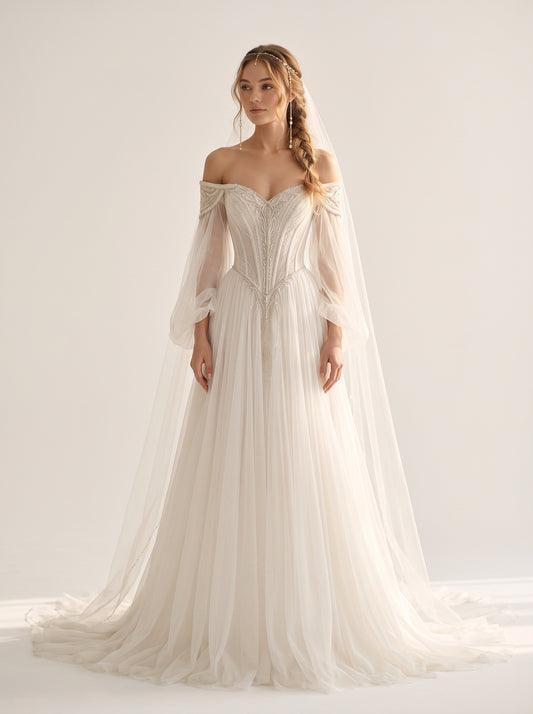 Florenza floral embroidered Helen A-line beach wedding dress by Fiore's Bridal - Front View