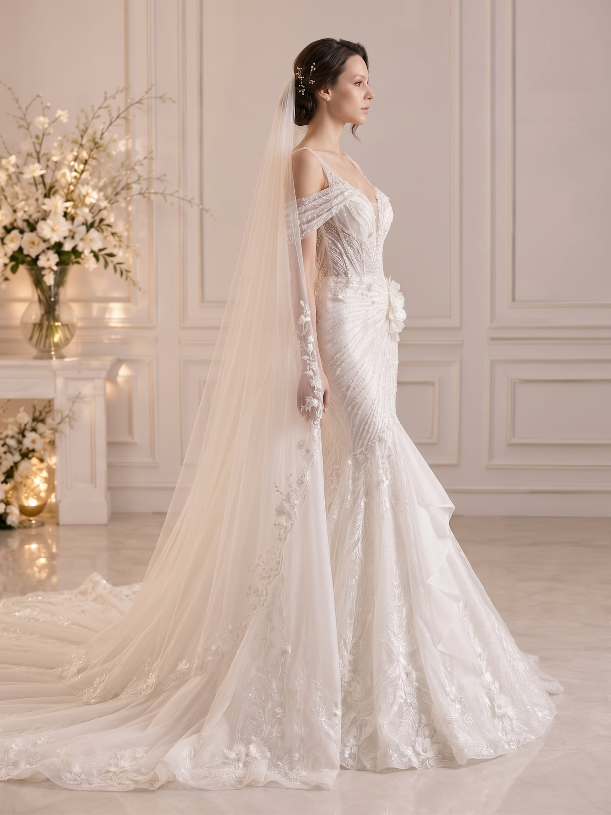 Genevieve mermaid wedding dress back view featuring royal cathedral train by Fiore's Bridal - Back View