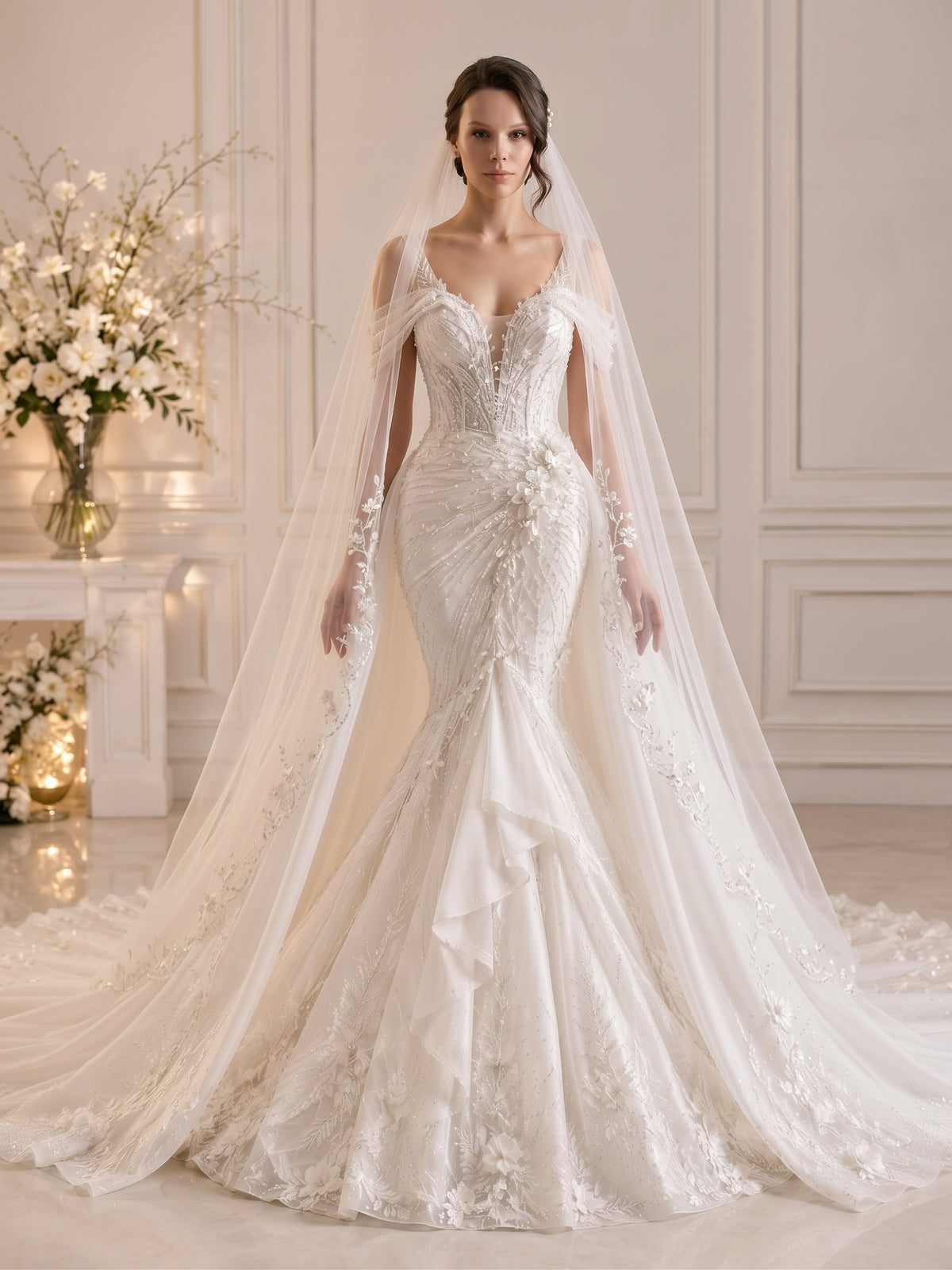Genevieve off-the-shoulder 3D floral mermaid wedding dress by Fiore's Bridal - Front View