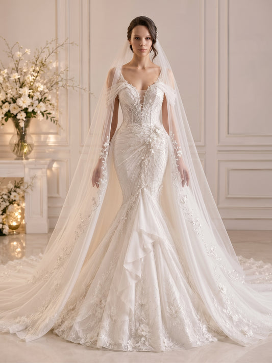 Genevieve off-the-shoulder 3D floral mermaid wedding dress by Fiore's Bridal - Front View