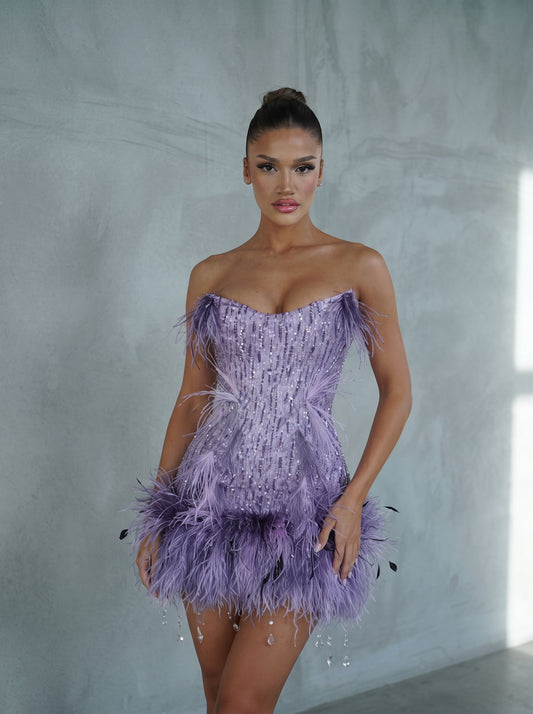 Iris lavender beaded feather corset mini dress by Fiore's Bridal - Front View