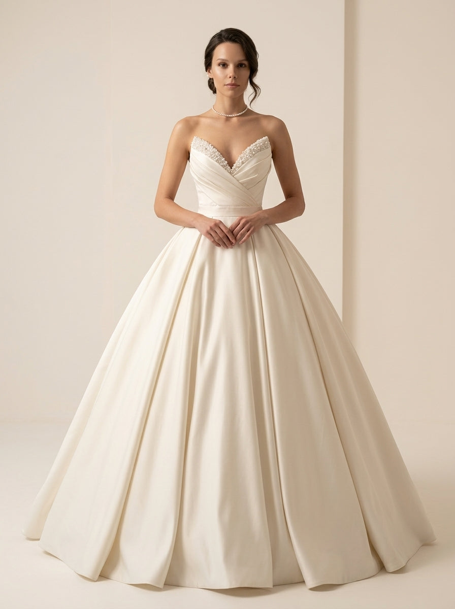 Kaelia draped satin architectural A-line wedding dress by Fiore's Bridal - Front View