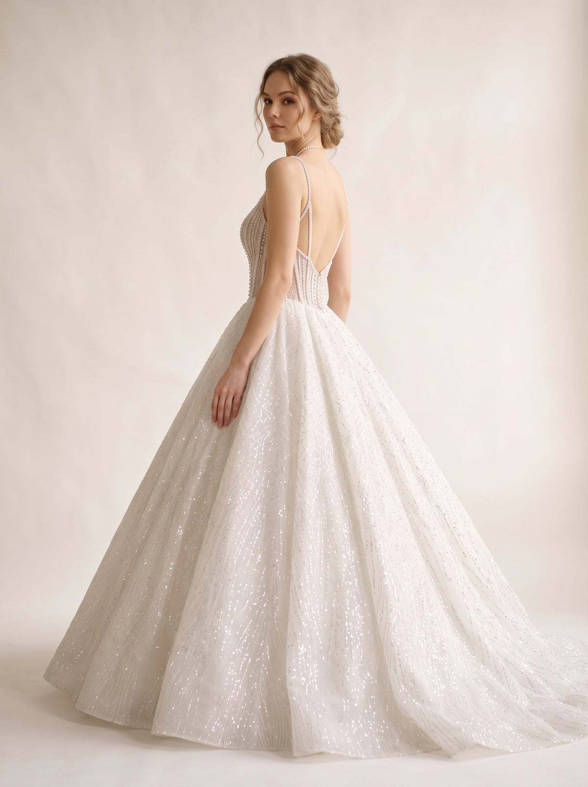 Kalliope ball gown wedding dress back view featuring royal cathedral train by Fiore's Bridal - Back View