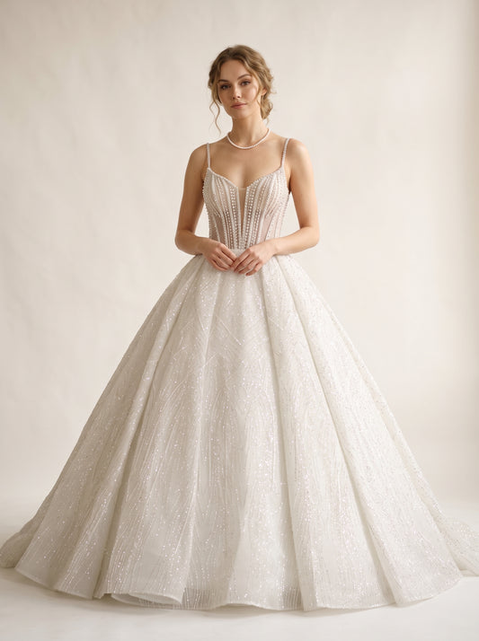 Kalliope pearl hand-embroidered organza princess ball gown wedding dress by Fiore's Bridal - Front View