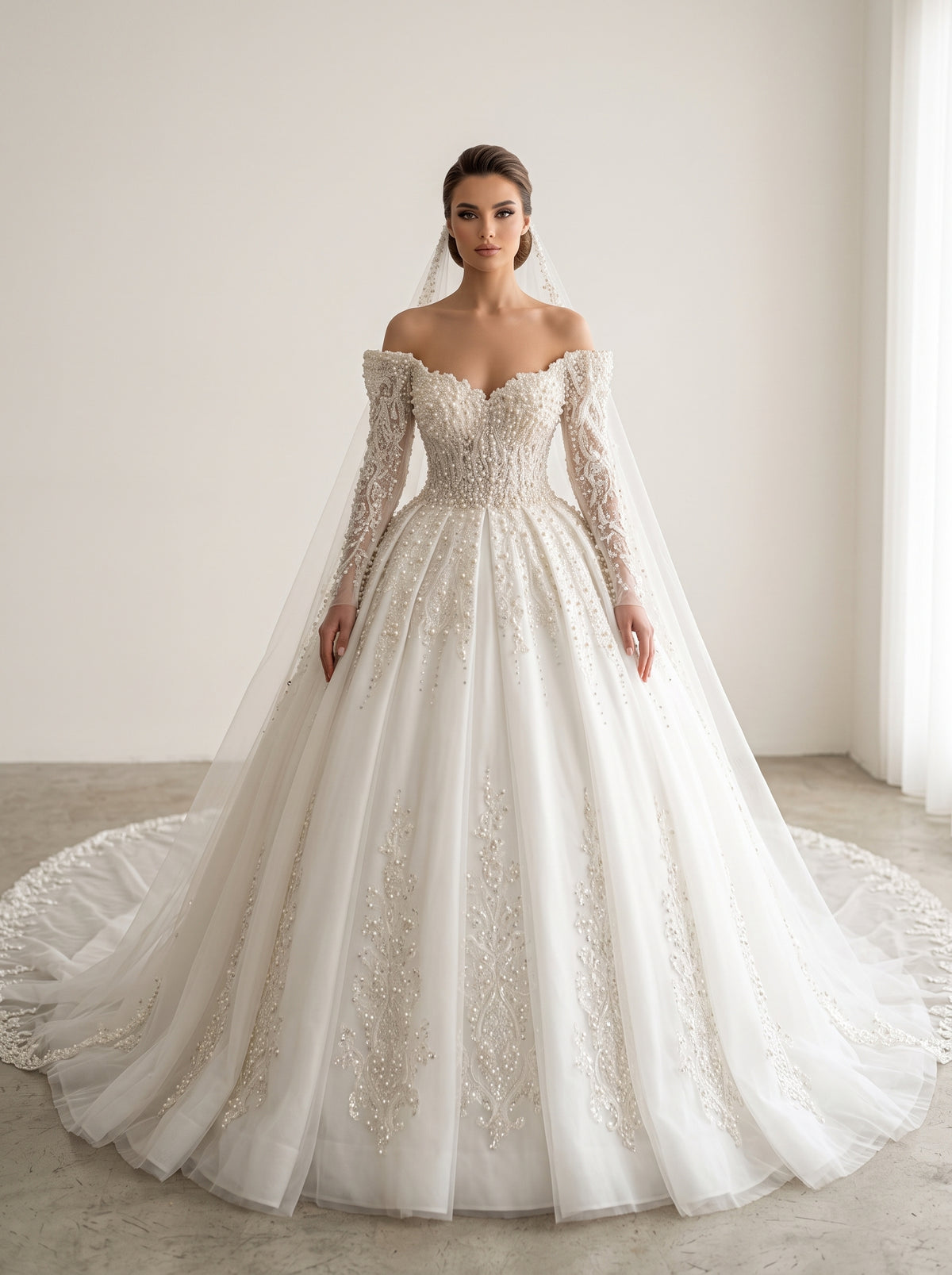 Lucia pearl beaded French lace voluminous A-line wedding dress by Fiore's Bridal - Front View