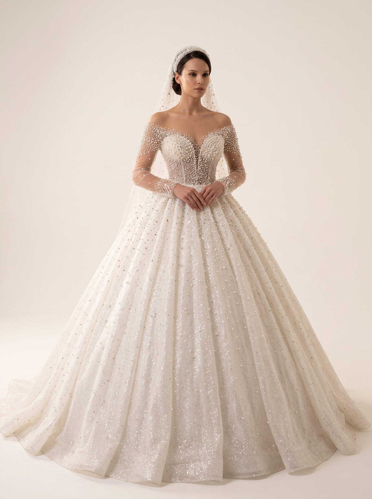Majesta Pearl beaded ball gown princess wedding dress by Fiore's Bridal - Front View