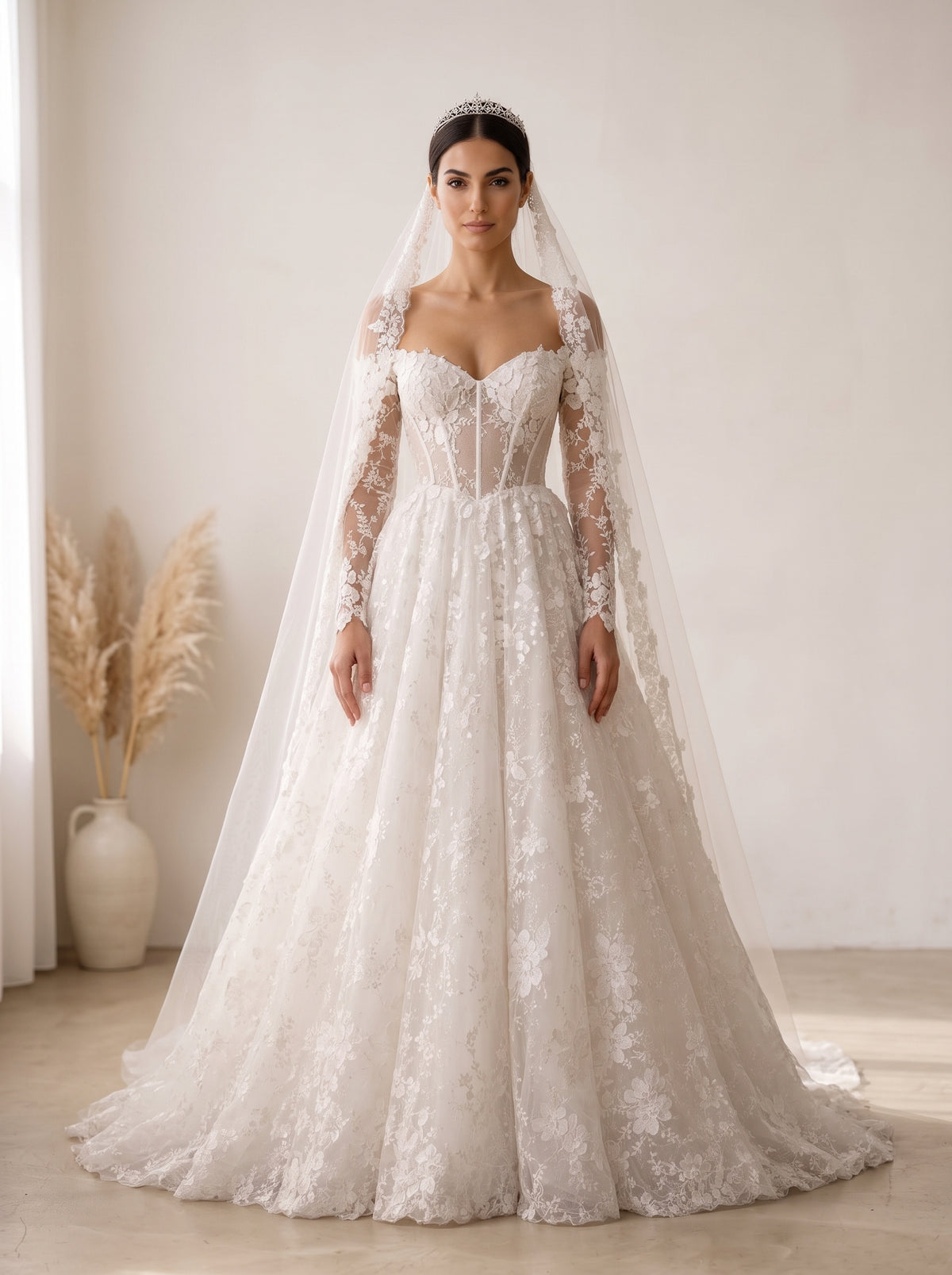 Margot pearl beaded French lace Helen wedding dress by Fiore's Bridal - Front View