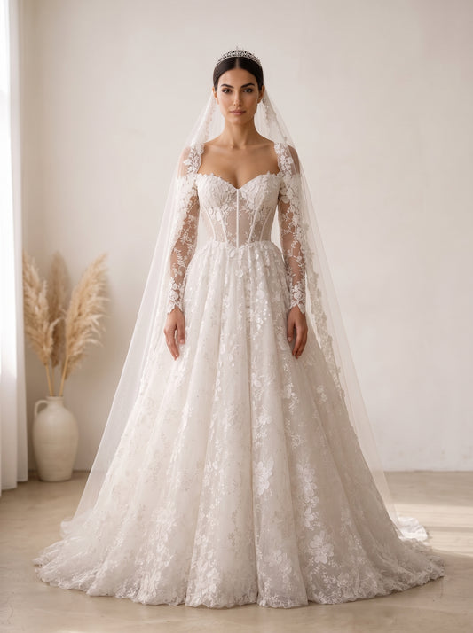 Margot pearl beaded French lace Helen wedding dress by Fiore's Bridal - Front View