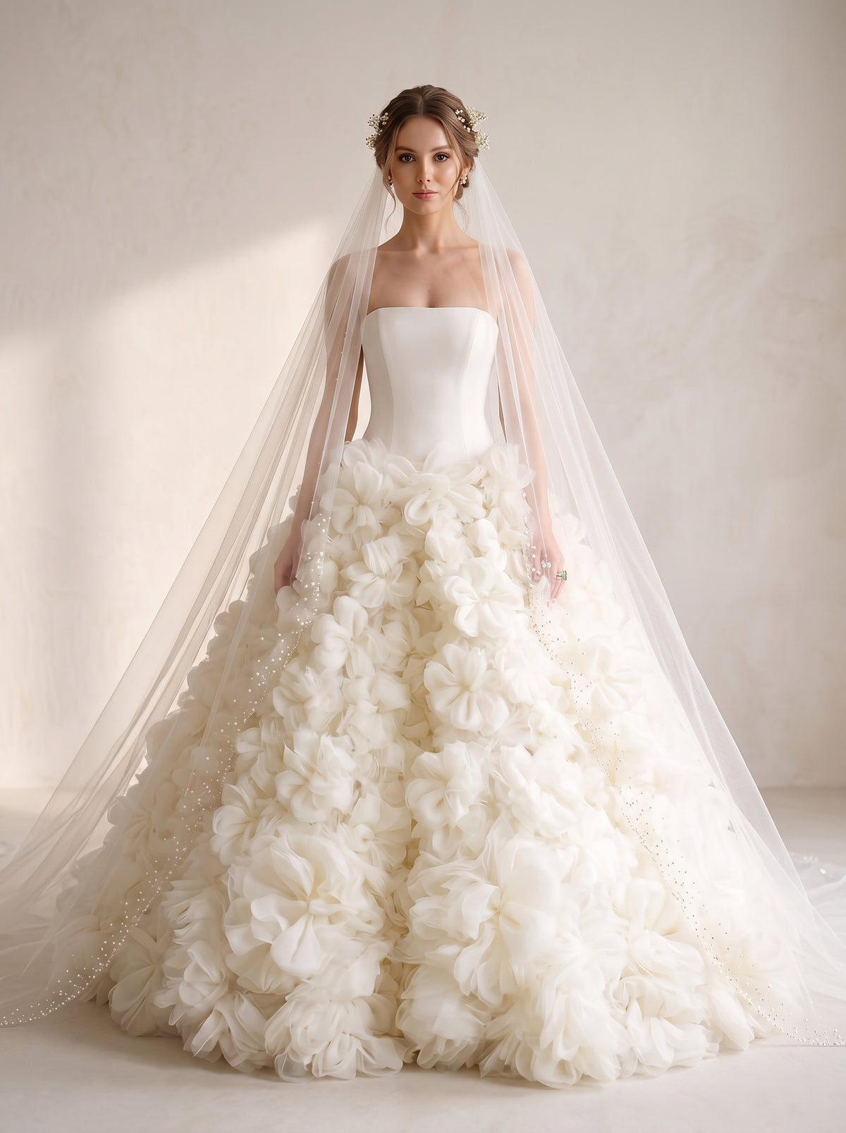 Melia 3D botanical floral organza A-line wedding dress by Fiore's Bridal - Front View
