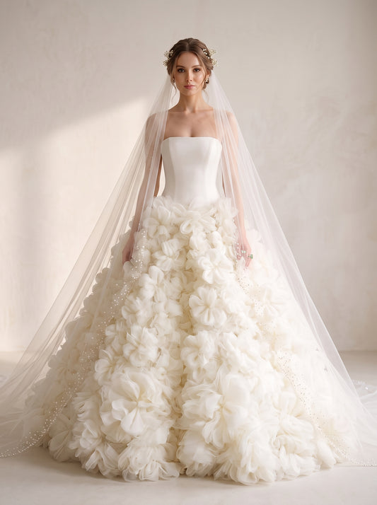 Melia 3D botanical floral organza A-line wedding dress by Fiore's Bridal - Front View