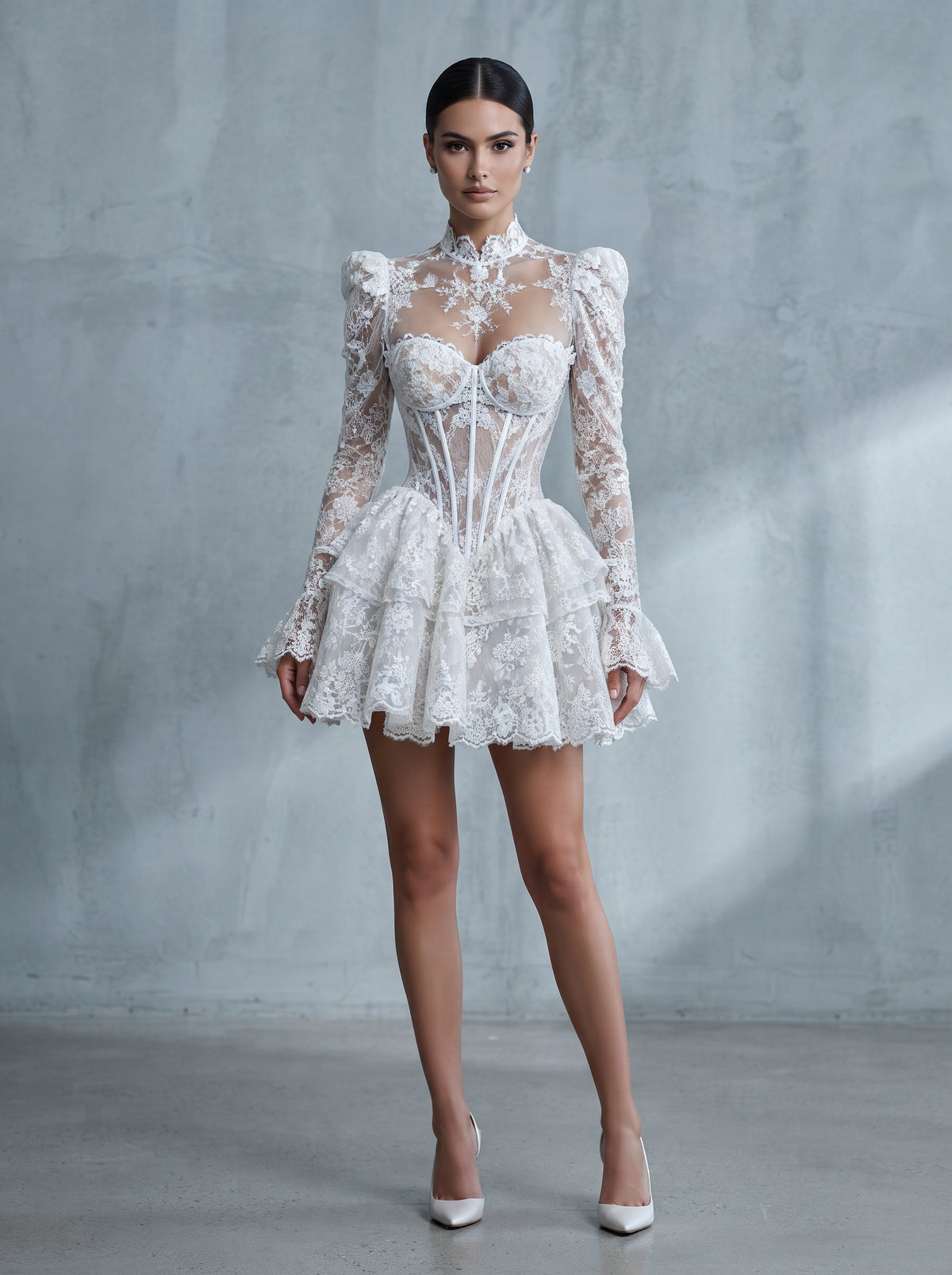 Noelle ivory lace long sleeve corset ruffle mini dress by Fiore's Bridal - Front View