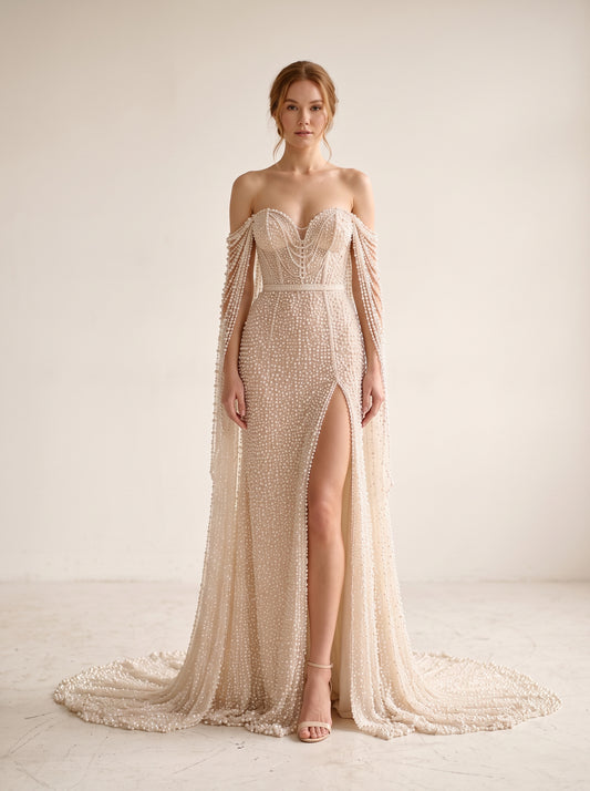 Fiores Perla sheath wedding dress, front view